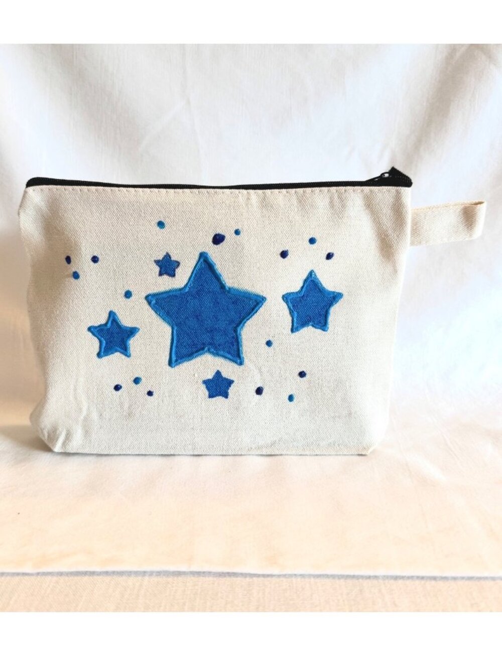 One of a Kind Blue Star Canvas Pouch Hand Painted Zipper Organizer Bag